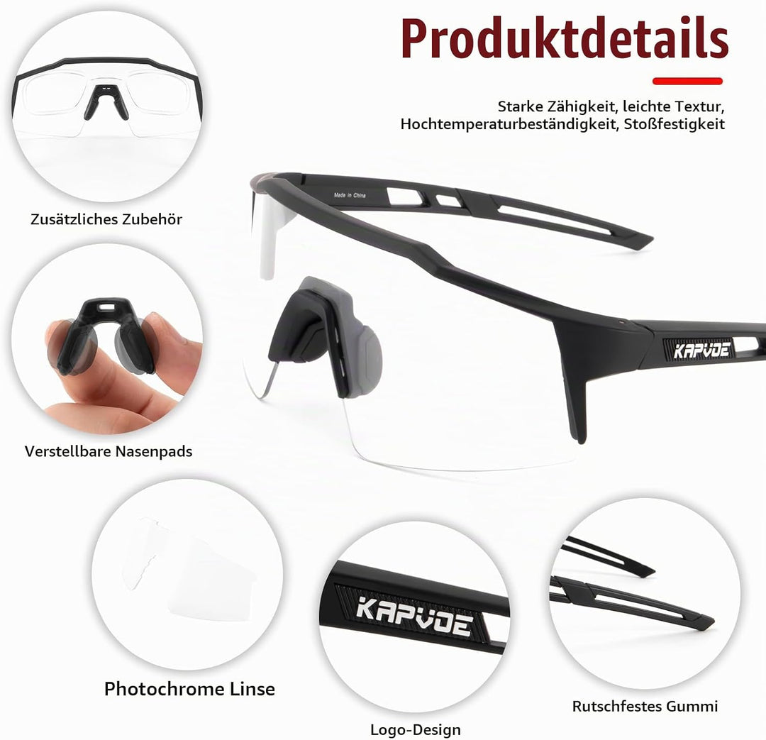 KAPVOE Photochromatische Selbsttönend Fahrradbrille TR90 Rahmen für Herren Damen Jungen Mädchen Klar