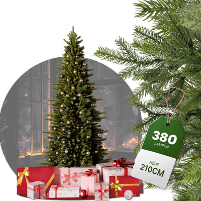 BoomDing Schmaler Weihnachtsbaum mit Beleuchtung | 210 cm hoch und 380 LED | Naturgetreuer künstlich