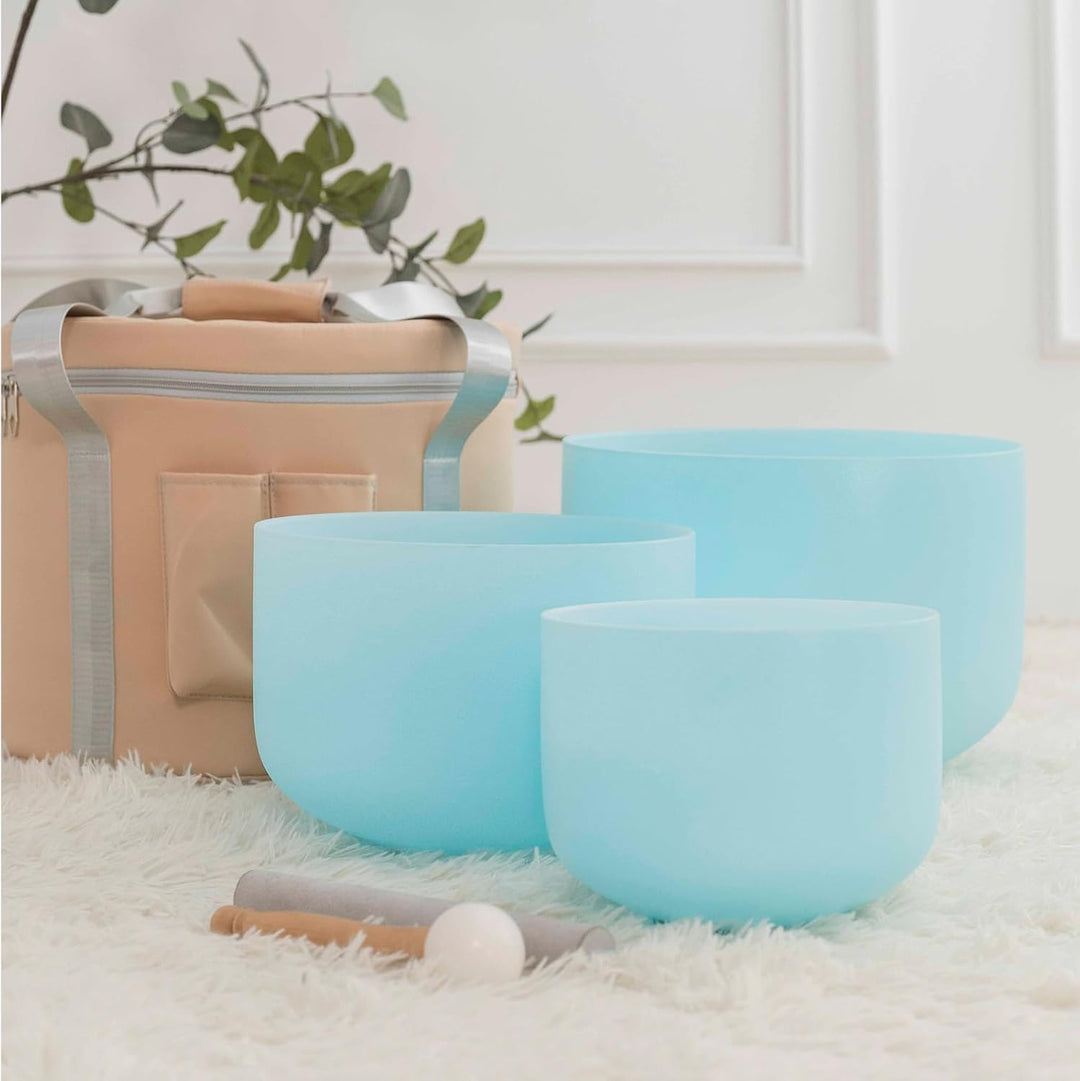 Hye-eun Klangschalen Set 3 stück, 432hz Blau Kristall Klangschale 8"A 10"F 12"D– Meditationsschalen