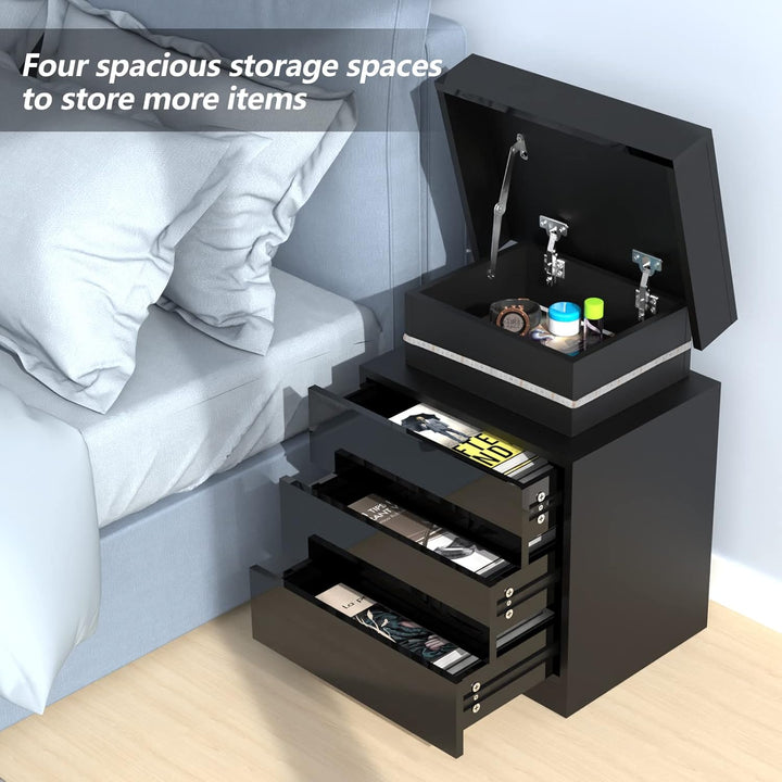Nachttisch Schwarz 2er Set, Nachtschrank mit Led Licht, Nachtkommode mit 3 Schubladen und Schränke m