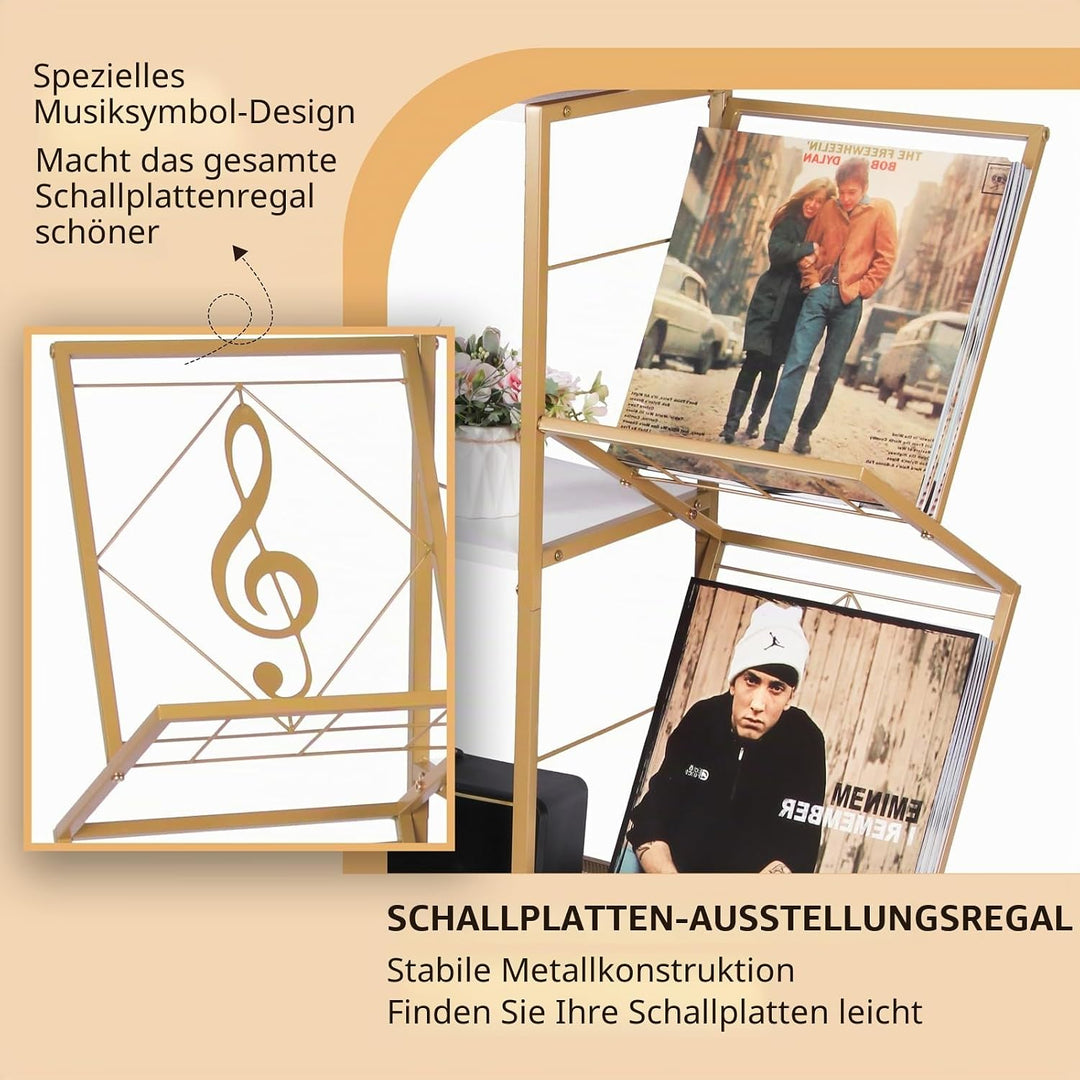 HYCFYJR Plattenspieler Ständer, Schallplatten Aufbewahrung mit 4-stufiger Vinyl Halter und Metallrah