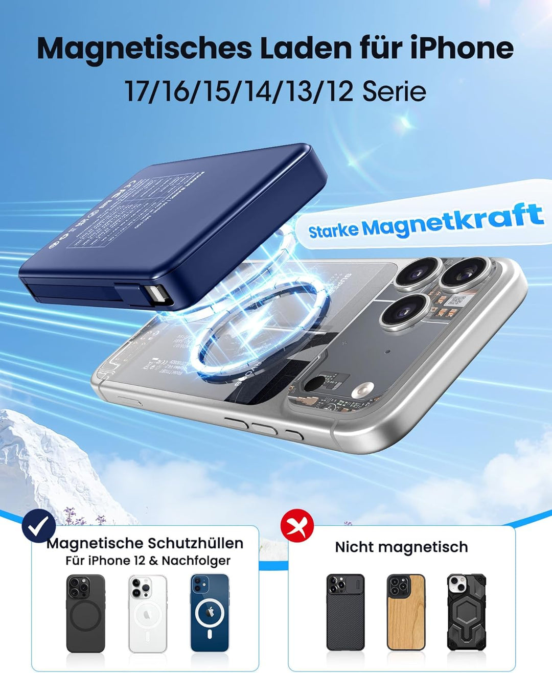 Magsaf Power Bank 10000mAh，Wireless Magnetische Powerbank Schnelles Laden mit LED-Display Mini Power
