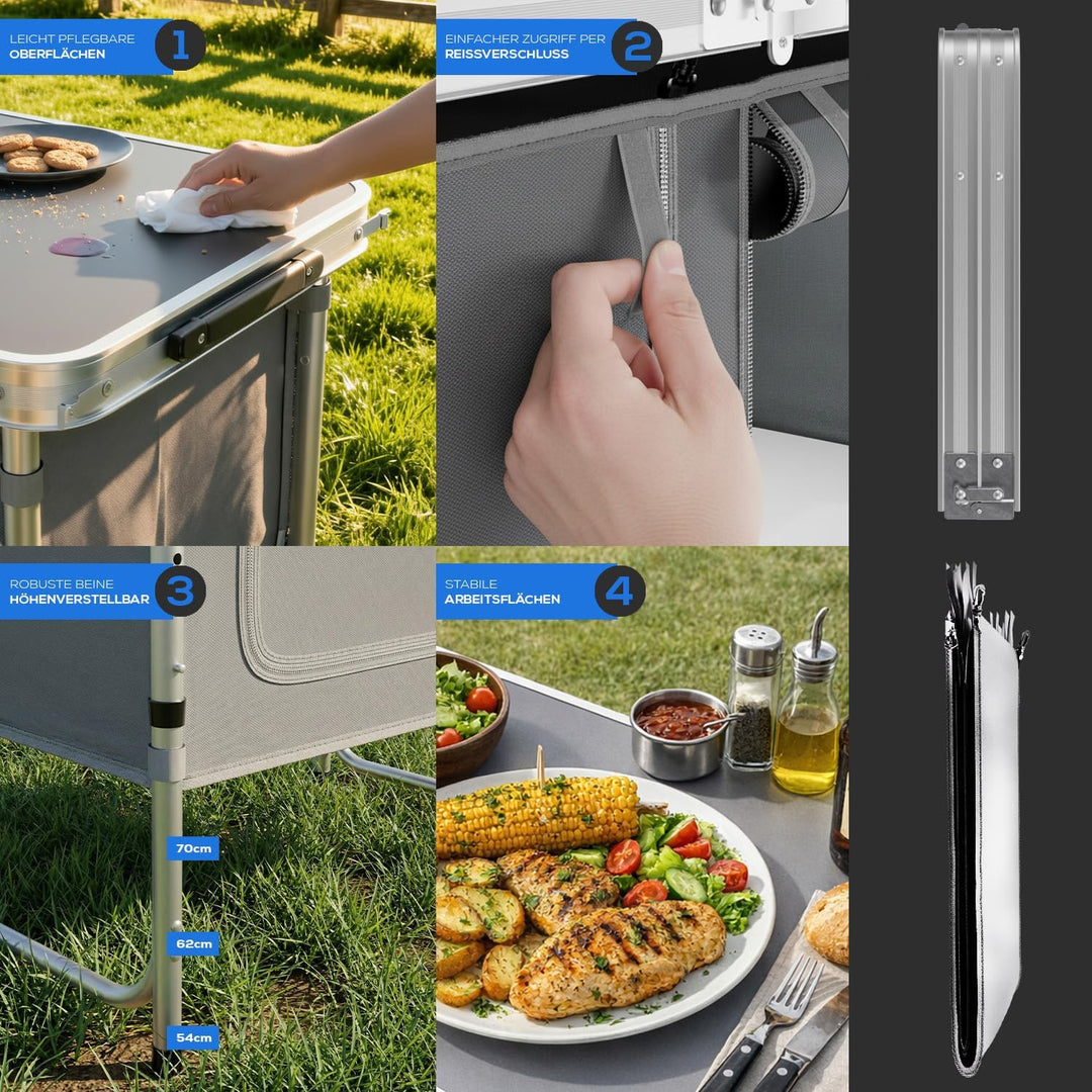 24MOVE® Campingküche faltbar, höhenverstellbarer Campingschrank Alu Reiseküche mit Arbeitsplatte und