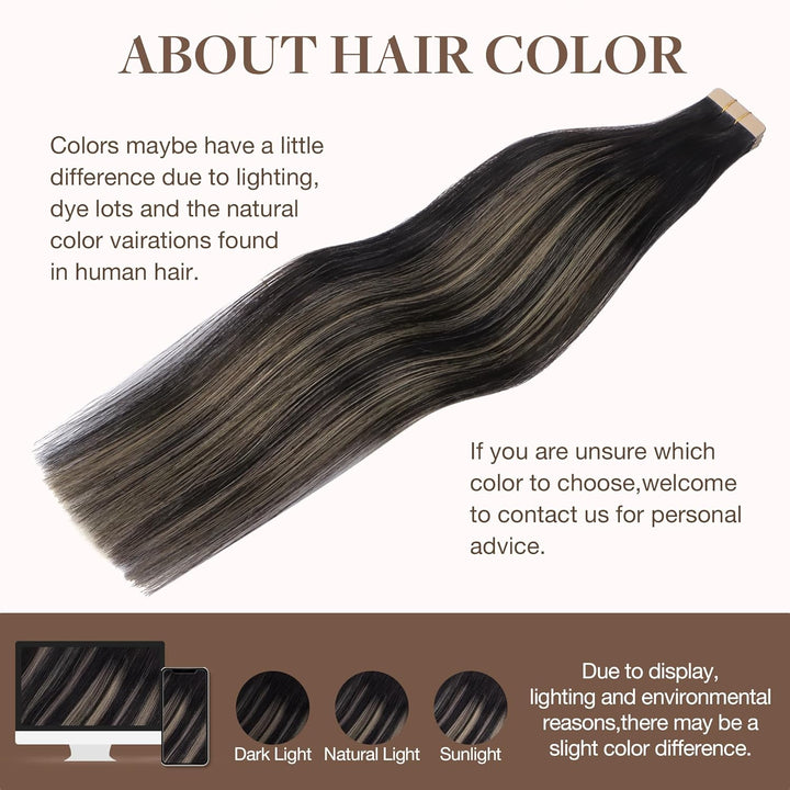 GOO GOO Tape in Extensions Echthaar, 35cm 20pcs 50g Balayage Naturschwarz Gemischt Hellblond, Tape i