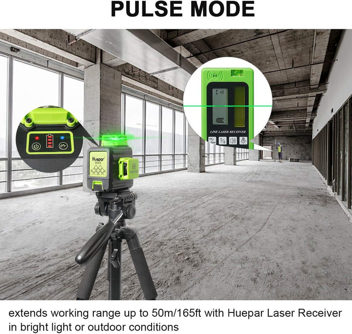 Huepar 3 x 360 Kreuzlinienlaser mit Litium-Ionen Batterie, Grüner Selbstnivellierenden Drei 360°-Las