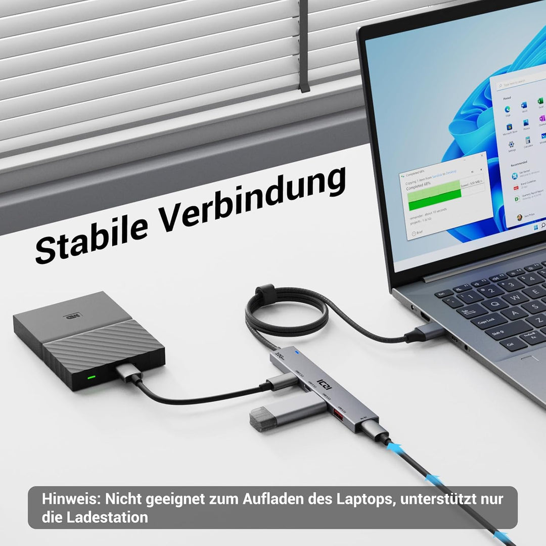 ICZI USB Hub 3.2 Verteiler 4 Port 10Gbps Mehrfachstecker USB 3.2 Gen 2 Adapter mit 120cm Kabel kompa