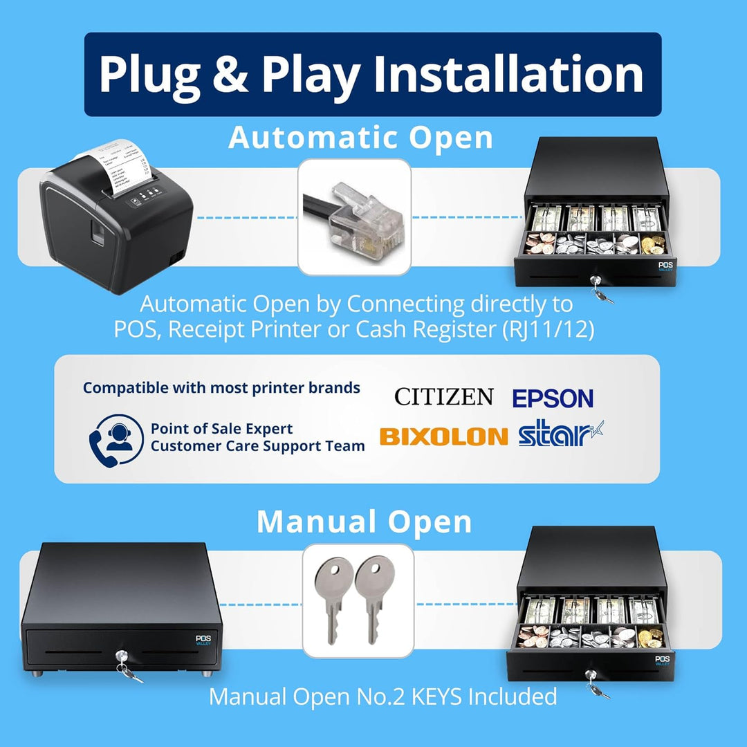 Automatische Kassenschublade 33x33cm, 4 Geldschein-/8 Münzfächer, RJ11/Schlüssel-Öffnung, Ideal für