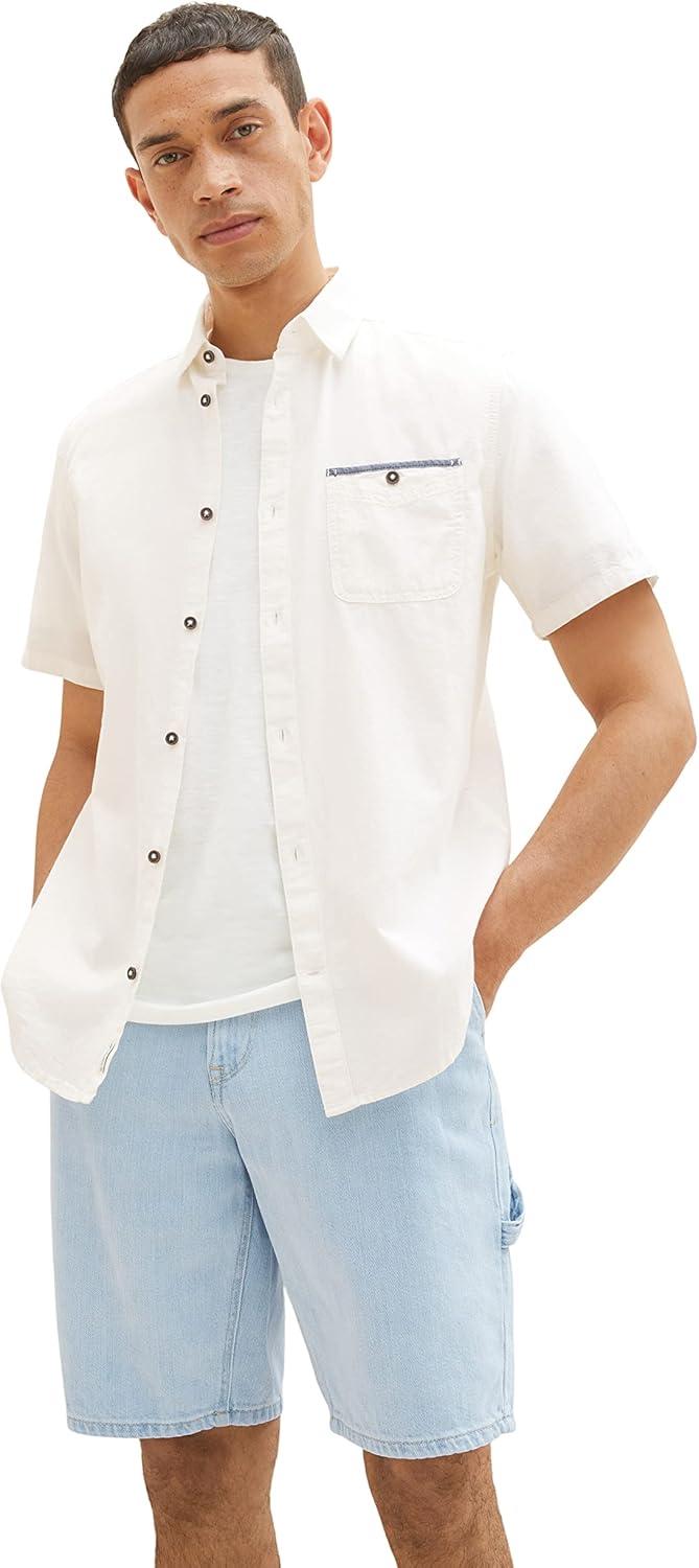TOM TAILOR Herren Chambray Kurzarm-Hemd mit Brusttasche S 10332 - Off White, S 10332 - Off White