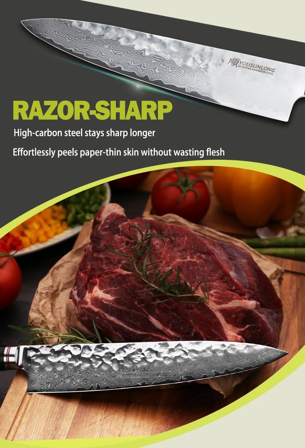 YOUSUNLONG Kochmesser 10 Zoll Pro Gyuto Japanisch Gehämmerter Damaststahl Natur Bleiholzgriff mit Le