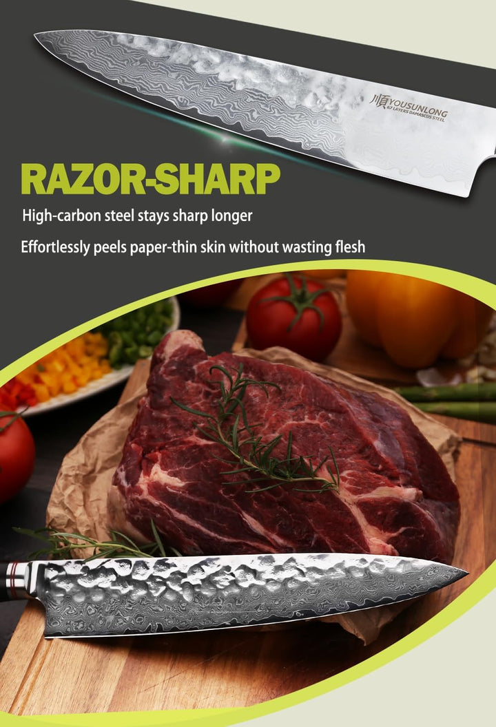 YOUSUNLONG Kochmesser 10 Zoll Pro Gyuto Japanisch Gehämmerter Damaststahl Natur Bleiholzgriff mit Le