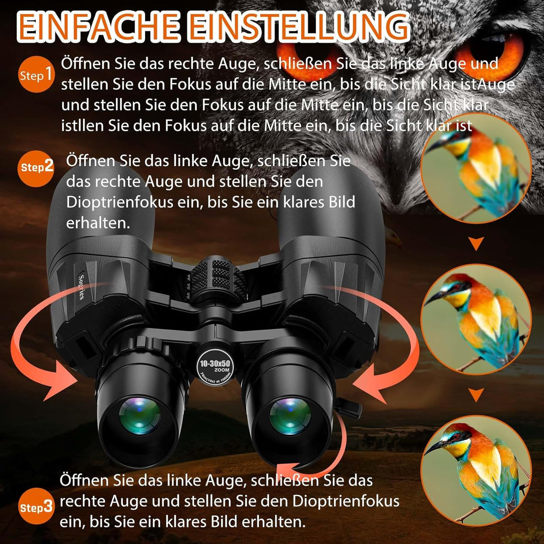 10–30x50 Zoom Fernglas für Erwachsene, HD Fernglas für Vogelbeobachtung, Reisen, Jagd, Konzerte mit