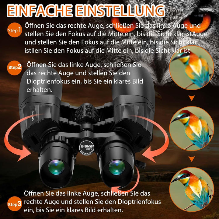 10–30x50 Zoom Fernglas für Erwachsene, HD Fernglas für Vogelbeobachtung, Reisen, Jagd, Konzerte mit