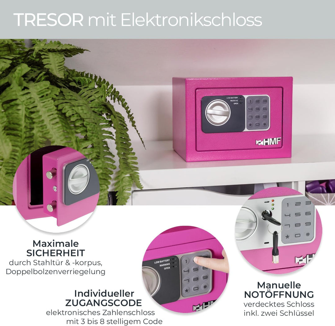 HMF 46126-15 Safe Tresor klein mit Zahlenschloss, Möbeltresor | 23 x 17 x 17 cm | Pink, Pink