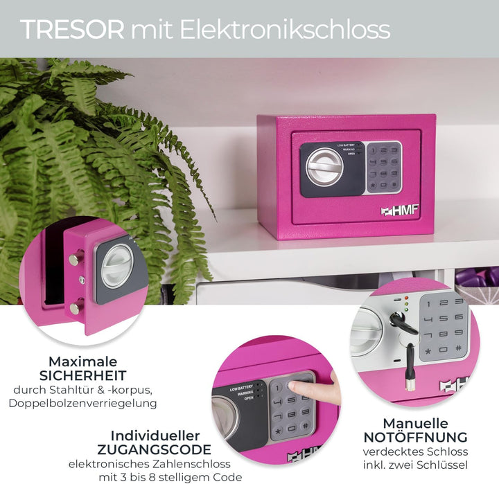 HMF 46126-15 Safe Tresor klein mit Zahlenschloss, Möbeltresor | 23 x 17 x 17 cm | Pink, Pink