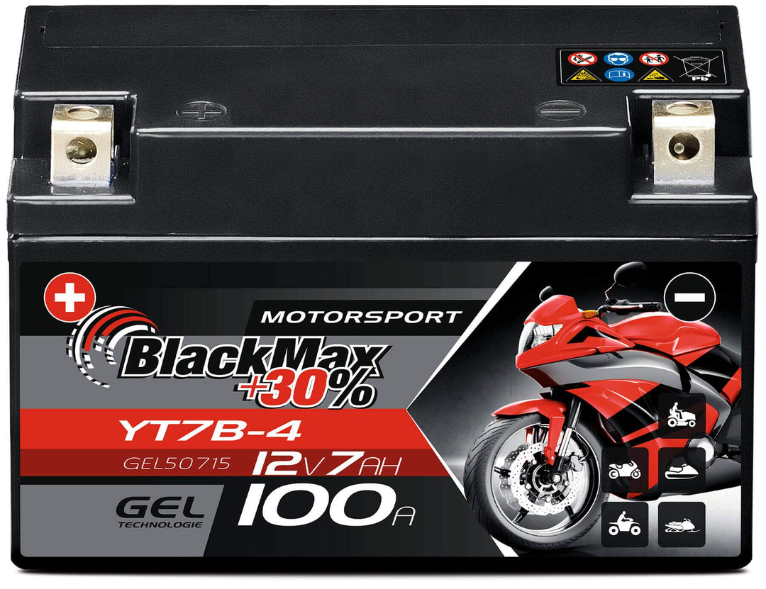 BlackMax YT7-B4 Motorradbatterie GEL 12V 7Ah YT7B-4 YT7B-BS Batterie FT7B4 GT7B4 7Ah - 100A - YT7-B4
