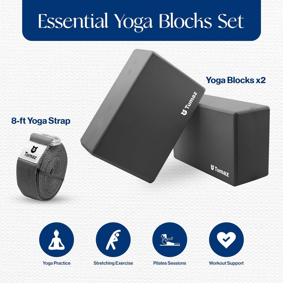 Tumaz Yoga Block 2er Set mit Yoga Gurt [240 cm] - Yoga Blöcke Eva-Schaum mit hoher Dichte und gering