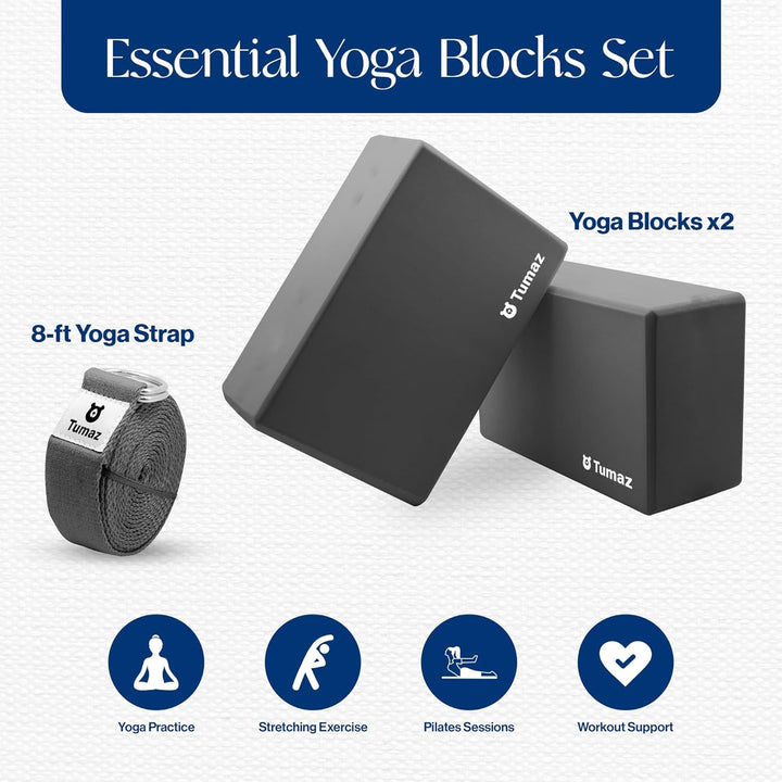 Tumaz Yoga Block 2er Set mit Yoga Gurt [240 cm] - Yoga Blöcke Eva-Schaum mit hoher Dichte und gering