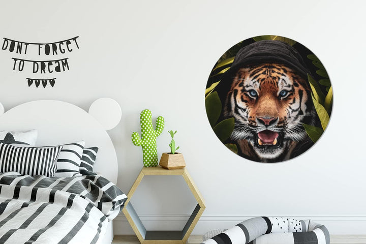 MuchoWow Wandbild Rund Wanddeko Deko Wohnzimmer Bilder 90x90 cm Tiger - Dschungel - Blätter, 90x90 c