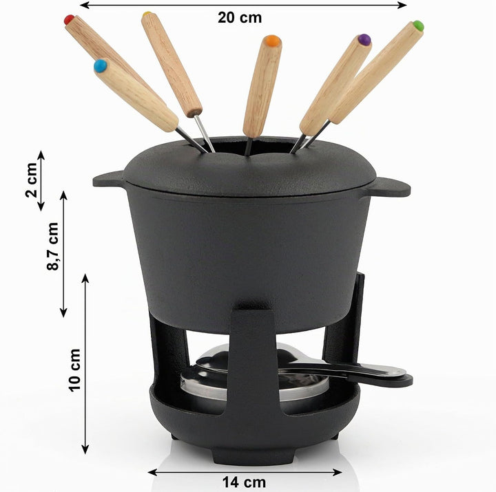 BBQ-Toro Gusseisen Fondue Set für 6 Personen | 1 Liter | Fondueset 13 teilig mit Brenner und Gabeln