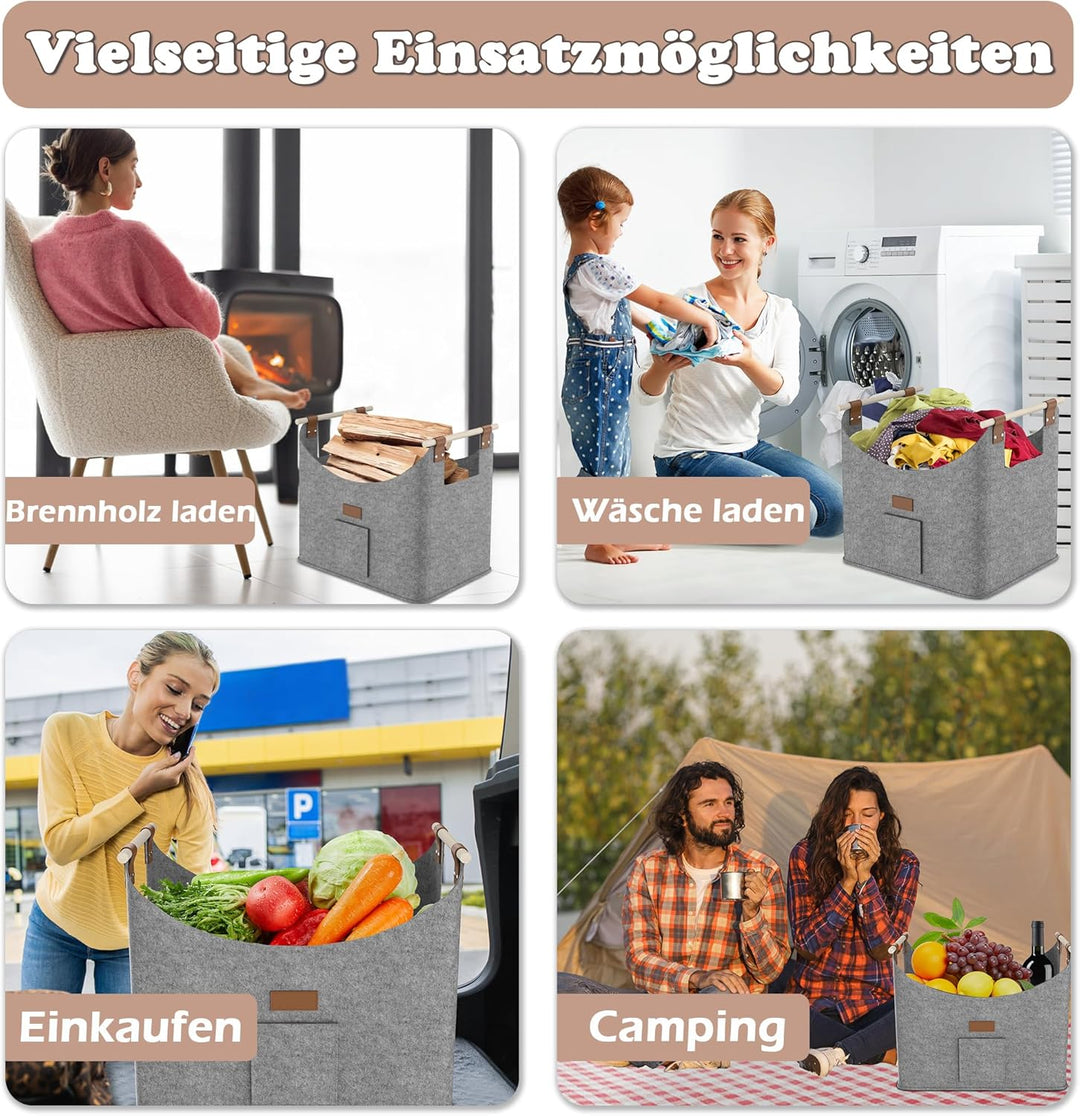 HENGMEI Brennholzkorb Filzkorb 4 Stück Holzkorb Kaminholz Filztaschen Extradickem Kaminholzkorb mit