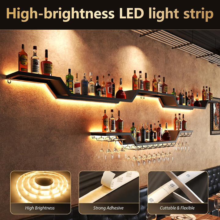 Wand Weinregal mit LED Beleuchtung, 3 Ebenen Weinpareite Display, 100cm | Schwebende Barregale mit G