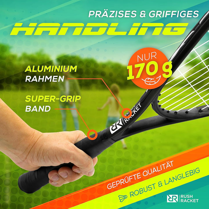 Rush Racket Set RS3 Speed Badminton Set 5-teilig (2X Schläger, 5X Federbälle, 1x Softball, 8X Feldma