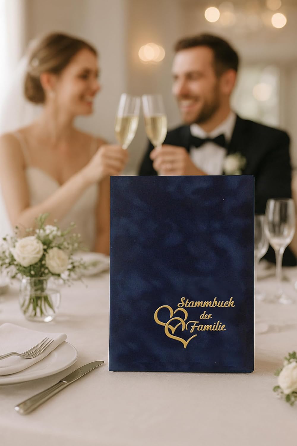 Stammbuchverlag Stammbuch Herzen, dunkelblau, Velours, Herzprägung Gold, Stammbuchformat