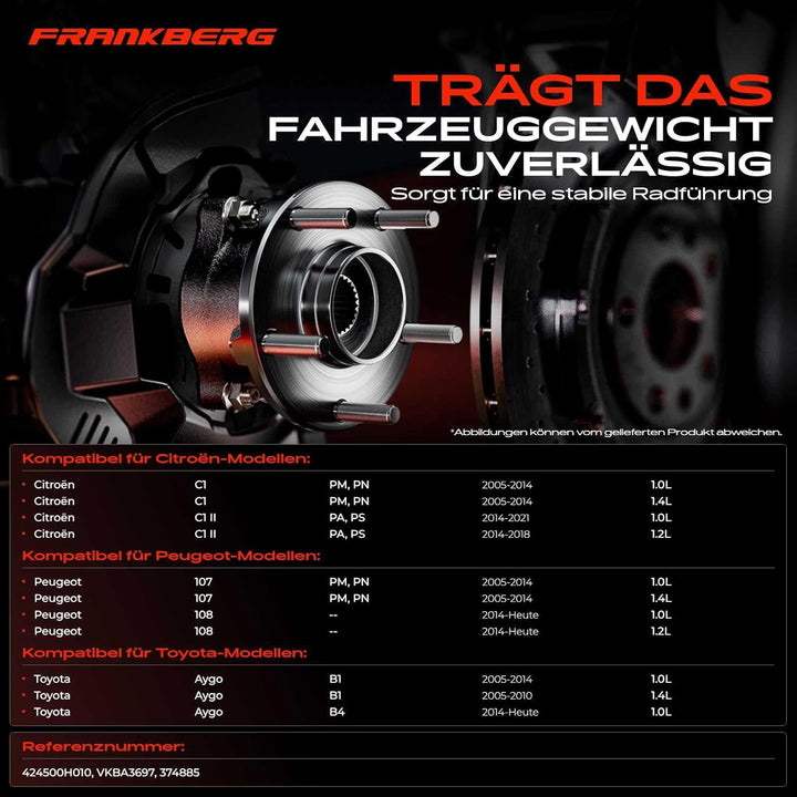 Frankberg 1x Radnabe Radlagersatz Hinterachse für C1 PM, PN C1 II PA, PS 107 108 Aygo PAB4, KGB4 WNB