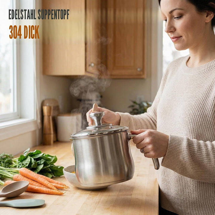 2L Milchtopf Edelstahl mit Glasdeckel und Ausgiesser, Kochtopf Induktion mit Griff, Simmertopf Puddi