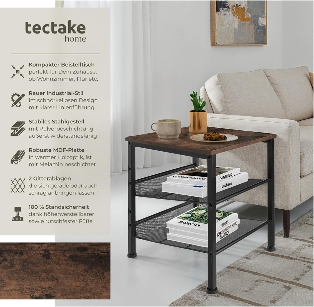 tectake Beistelltisch aus Holz und Metall, Nachttisch mit 2 Gitterablagen, Industrie-Design, für Woh