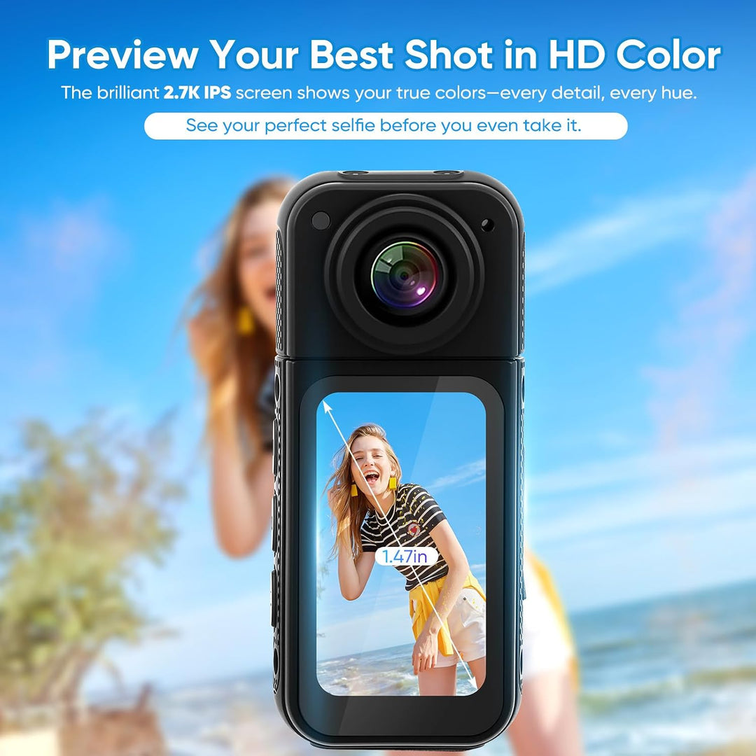 2.7K Mini Action Cam, Bodycam mit 1,47" Display &amp; 180° Linse | Inkl. 64GB Karte, Magnet &amp; Umhängeban