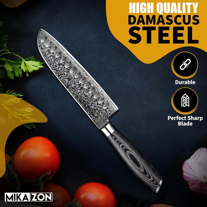Damast Santoku - Japanisches 17.8 cm Allzweck-Küchenmesser mit 67-lagiger Stahlkonstruktion und Pakk