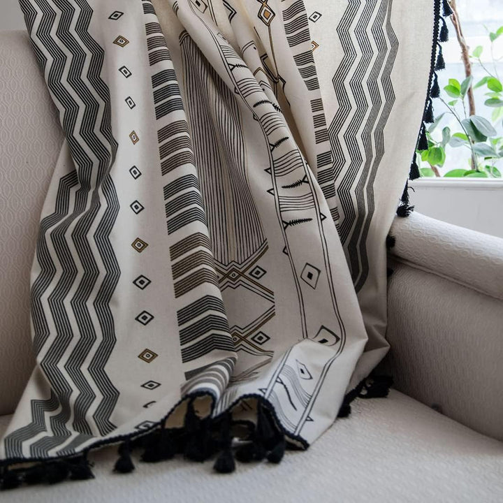 Boho Vintage Gardinen mit Quaste Halbverdunkelungsvorhänge mit Ösen Baumwolle Leinen Dekoschal für W