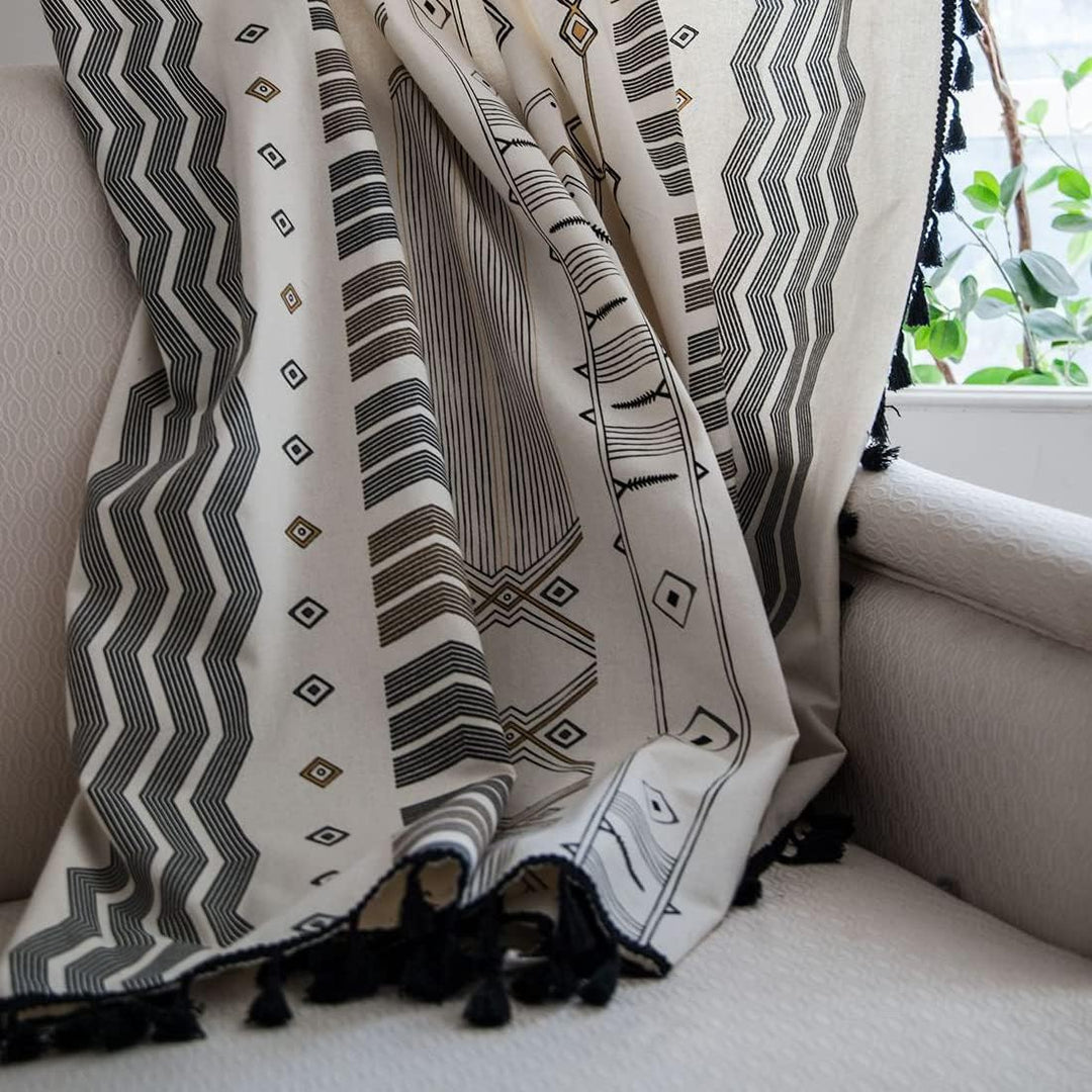 Boho Vintage Gardinen mit Quaste Halbverdunkelungsvorhänge mit Ösen Baumwolle Leinen Dekoschal für W