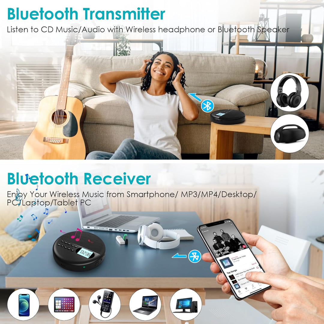 Gueray CD Player Tragbar mit Bluetooth Tragbarer CD Player mit Lautsprecher Integrierte 1500mAh Akku