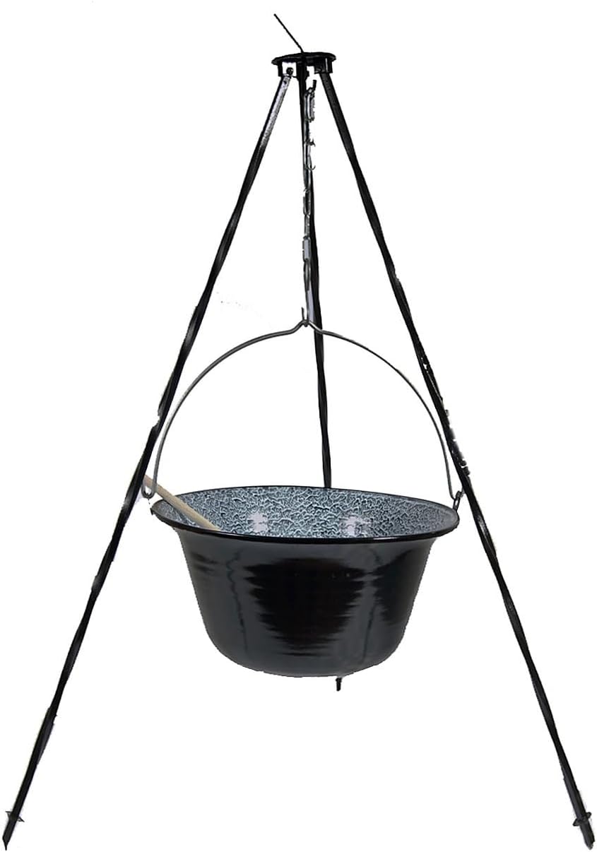 troph-e-shop 14 Liter Suppentopf Emaille + Dreibein 1,0 m + Kochlöffel Suppenkessel Hordentopf Feuer