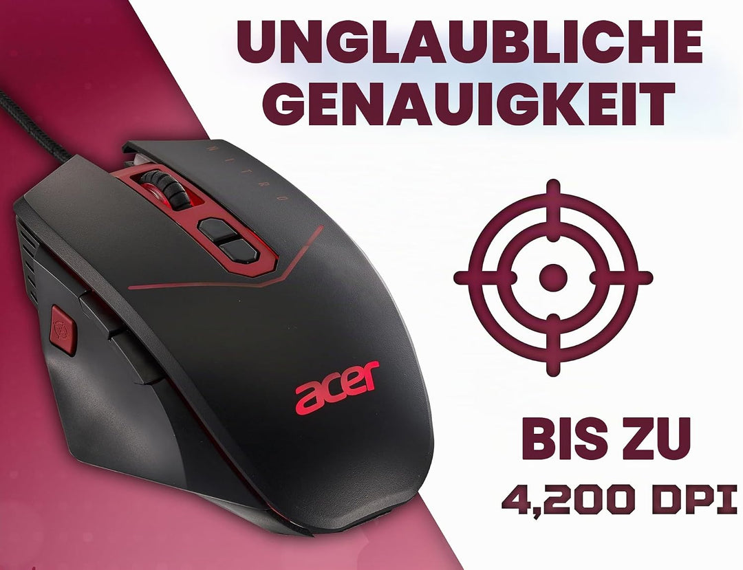 Acer Nitro Gaming Maus (4.200 DPI, anpassbar mit Vier Stufen und acht Tasten inkl. Burst Fire, LED B