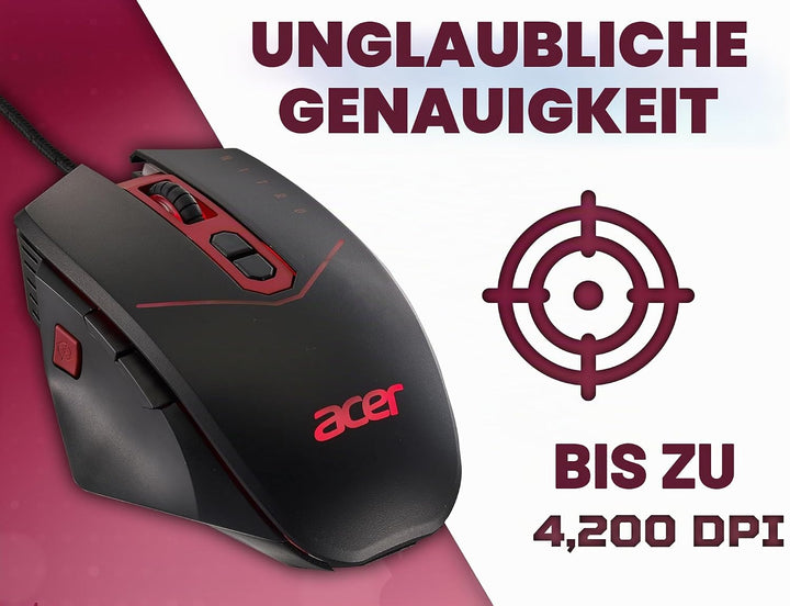 Acer Nitro Gaming Maus (4.200 DPI, anpassbar mit Vier Stufen und acht Tasten inkl. Burst Fire, LED B