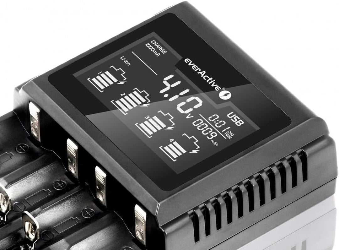 everActive Ladegerät für 4 Akkus 18650 AAA AA C D, professionell und schnell, grosse LCD-Anzeige, Ka