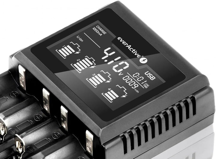 everActive Ladegerät für 4 Akkus 18650 AAA AA C D, professionell und schnell, grosse LCD-Anzeige, Ka