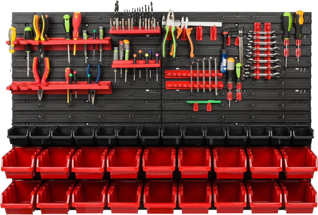 Lagersystem Werkstattregal | 115 x 78 cm | 32 stck. Box | Wandregal mit Werkzeughalterungen und Stap