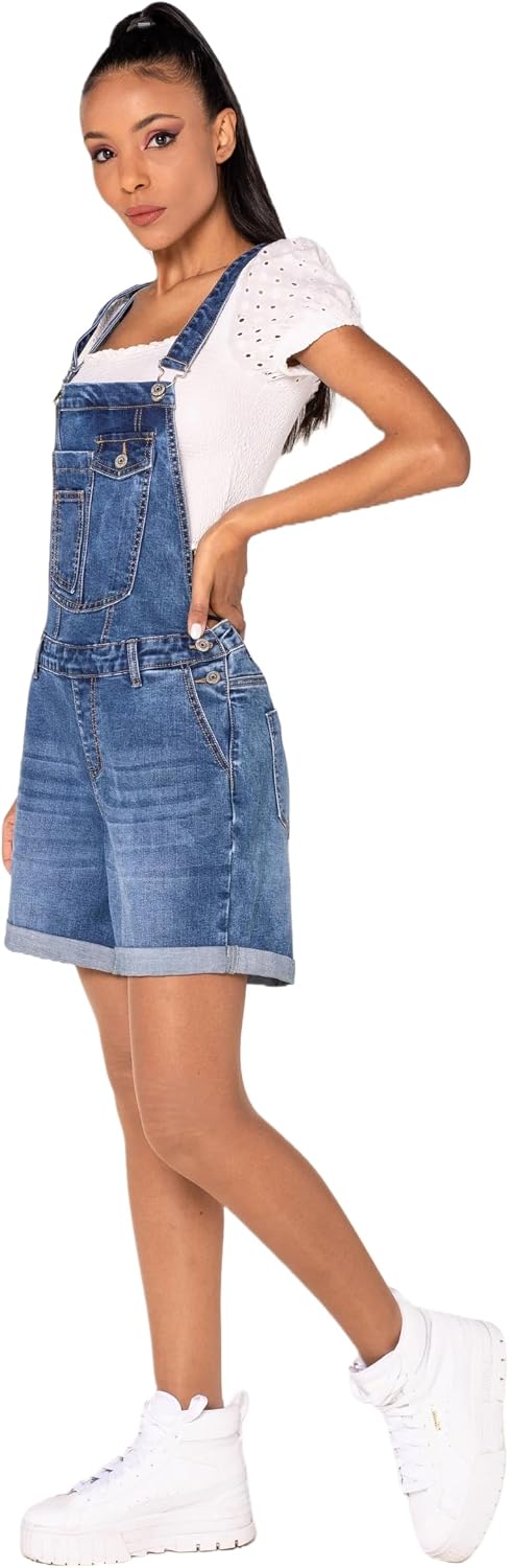 Nina Carter S511 Damen Jeans Latzshorts – Kurze Latzhose aus Denim mit Brusttaschen &amp; Knöpfen – Somm