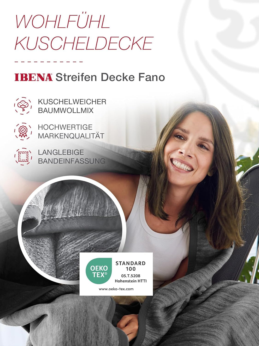 Ibena Fano Kuscheldecke 150x200 cm – Wohndecke grau hellgrau, tolle Wendedecke aus hochwertiger Baum