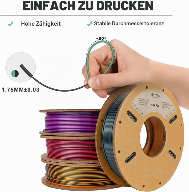 ERYONE Silk PLA Filament 1.75mm, -0.03mm, 4x0.25 kg/Spool/Pack, Tri Color Rot/Gold/Schwarz, Gold/Lil