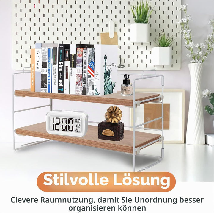powerking Schreibtischregal, 2 Etagen weiss mit lackiertem Metallrahmen und original Teakholzbrett S