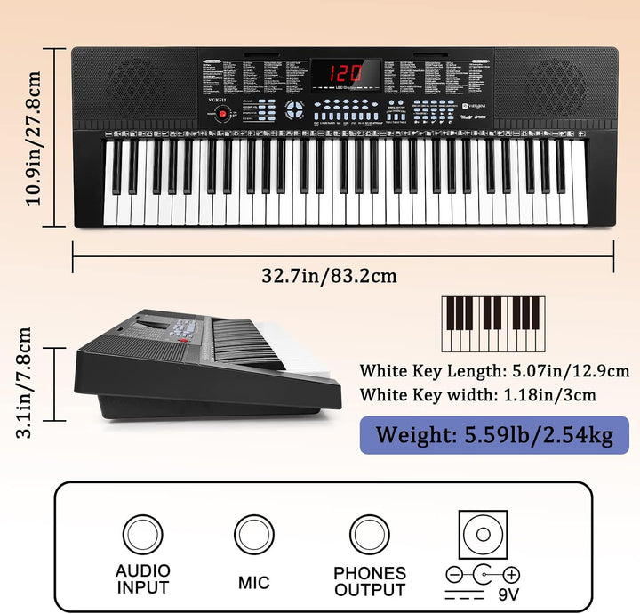 Vangoa VGK611 Elektronische Klaviertastatur, 61 Leucht Mini Tasten mit 3 Unterrichtsmodi, Digital Ke