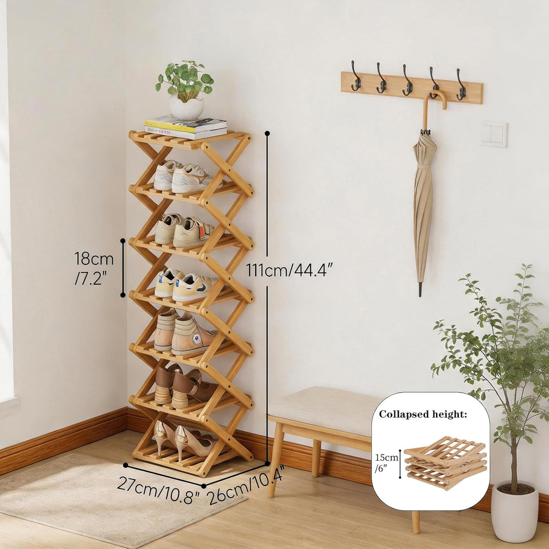 Vertikales schmales Schuhregal, 7 Etagen, tragbar, zusammenklappbar, ohne Installation, freistehende
