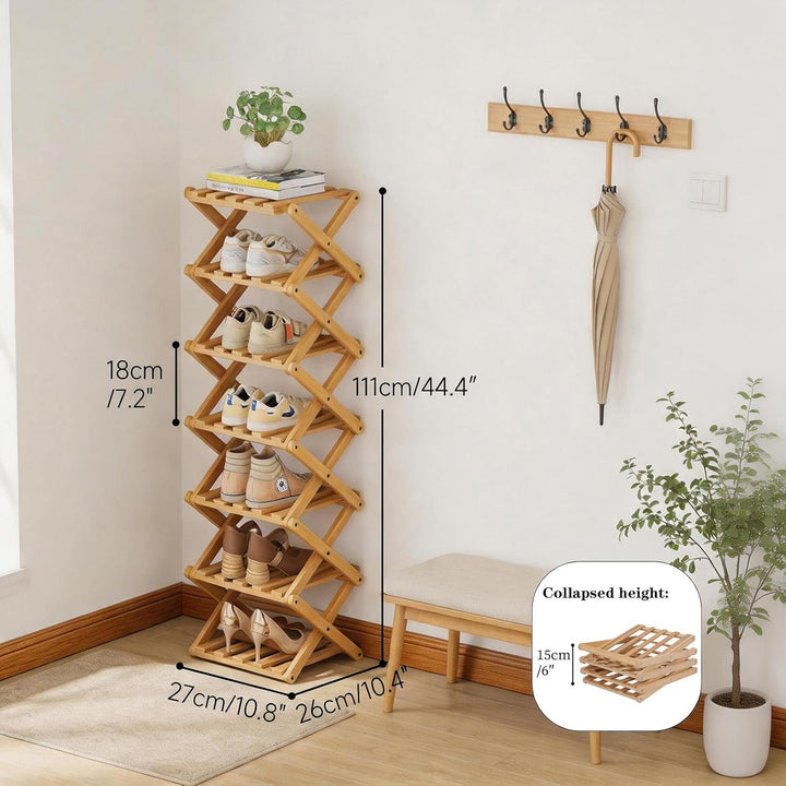 Vertikales schmales Schuhregal, 7 Etagen, tragbar, zusammenklappbar, ohne Installation, freistehende