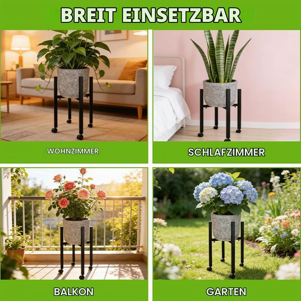 Blumenständer Metall Schwarz Verstellbar mit 4 Rollen, Blumenhocker &amp; Pflanzenständer Hoch für Töpfe