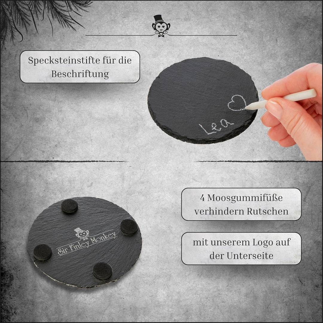 Schiefer Untersetzer Set - 8 Glasuntersetzer rund mit Halter - Schieferplatte 10 cm schwarz für Deko